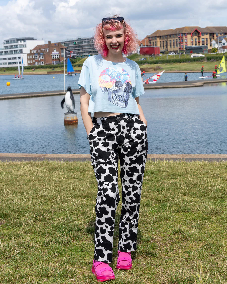 Bei PICK UP in Düsseldorf findest Du Run & Fly, Black & White Cow Print Straight Leg Trousers  und viel mehr von RUN & FLY