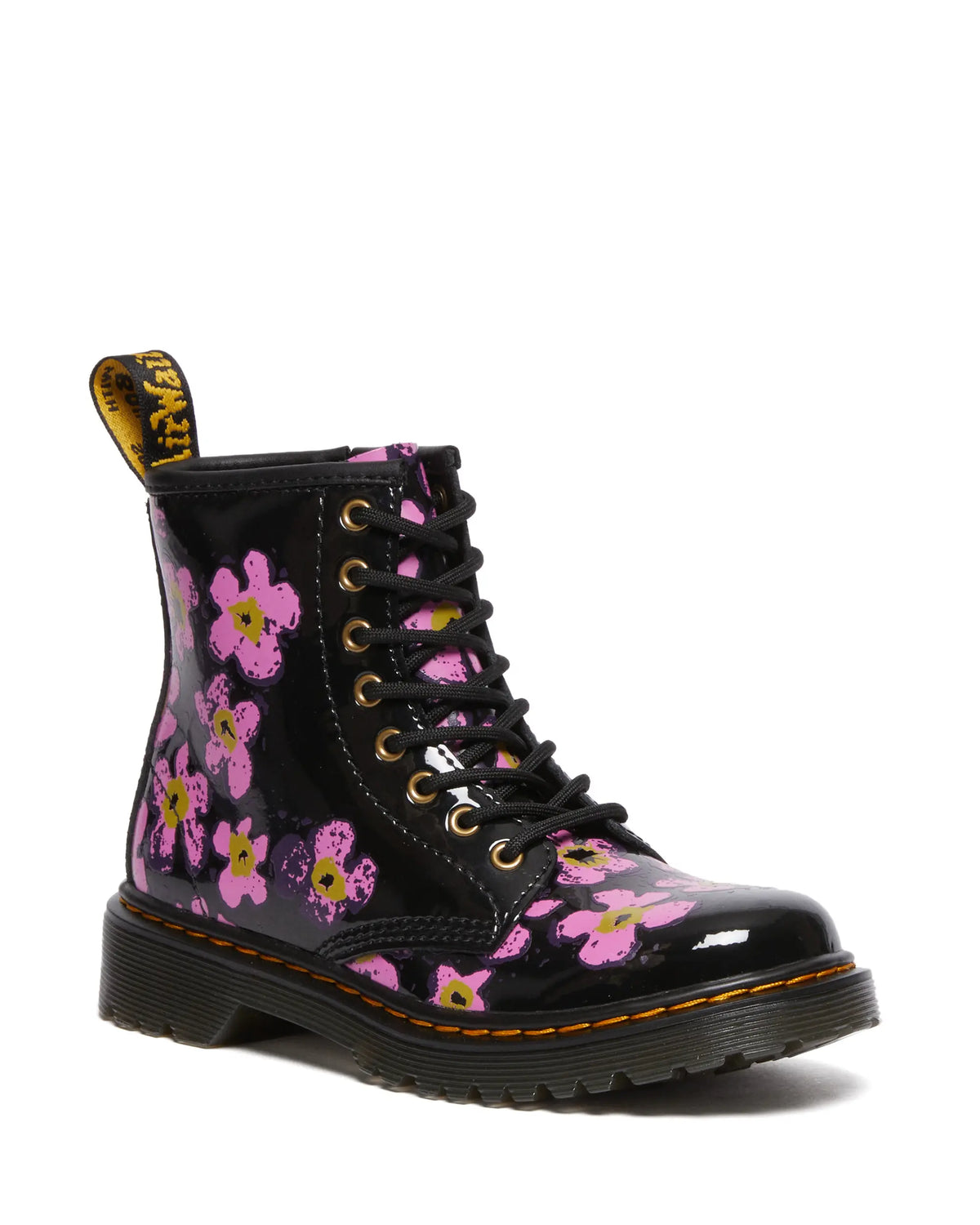 Dr. Martens, 1460 J Black Pansy Fayre Kids Patent Lamper