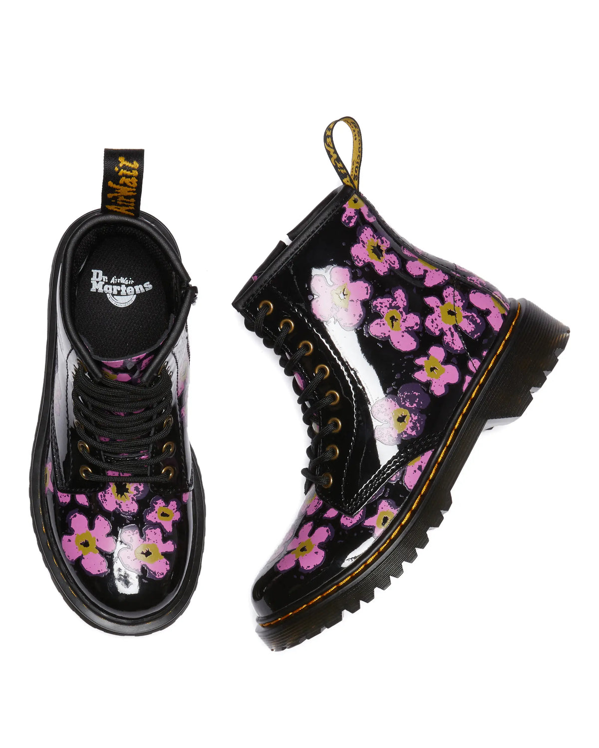 Dr. Martens, 1460 J Black Pansy Fayre Kids Patent Lamper