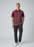 Relco, Men’s Full Button Striped Polo, Burgundy – Vollansicht | PICK UP Düsseldorf