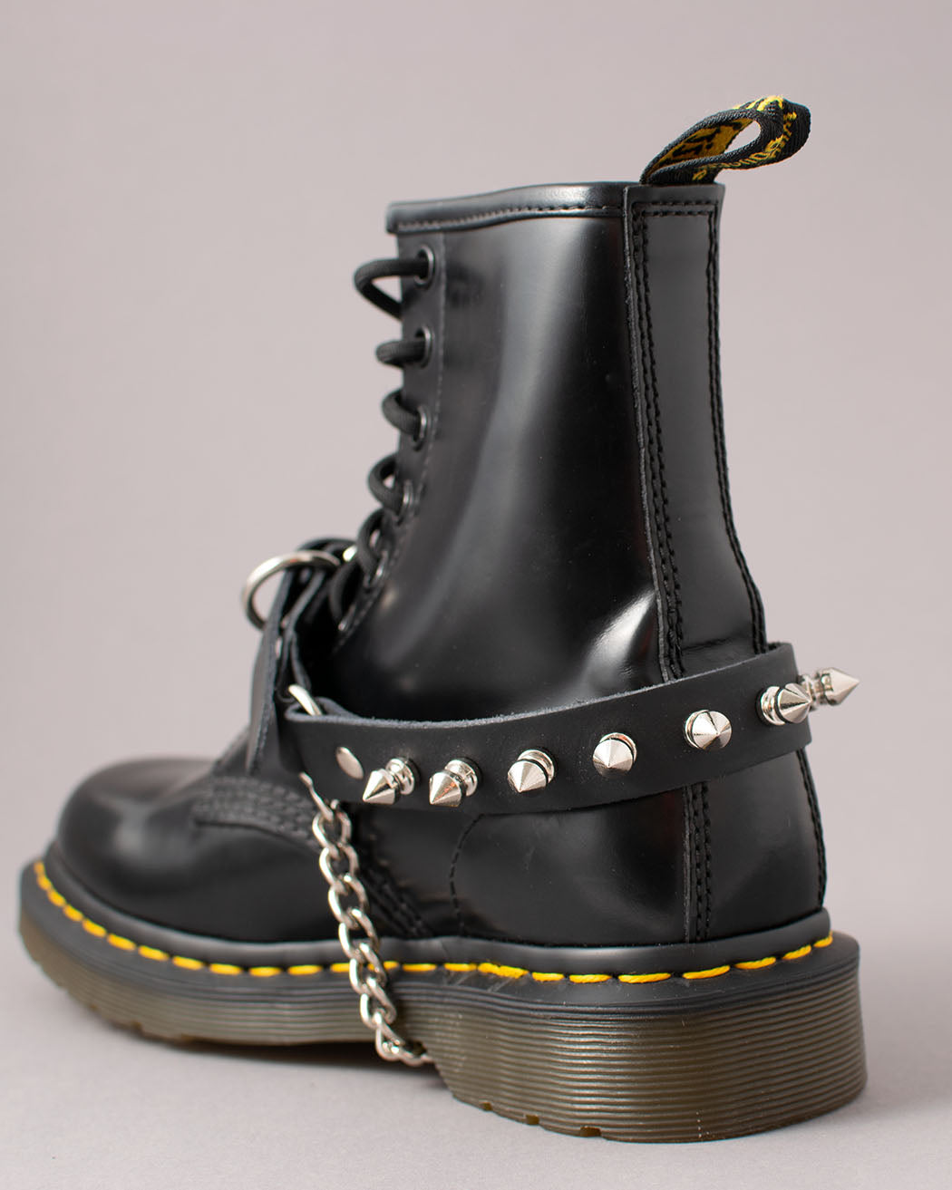 Boot strap, black leather with spike rivets